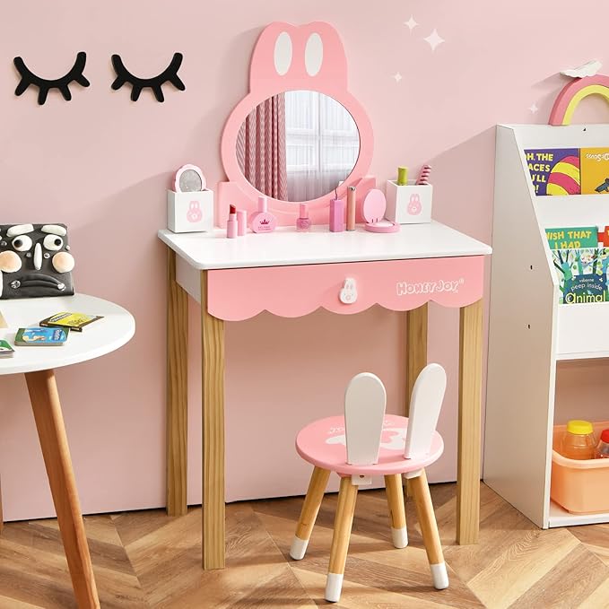 HONEY JOY Kids Vanity, Rabbit Themed Wooden Pretend Play Vanity Set, Toddler Makeup Vanity Table & Chair Set, Removable Holders & Drawer, Princess Little Girls Vanity Set with Mirror and Stool(White)