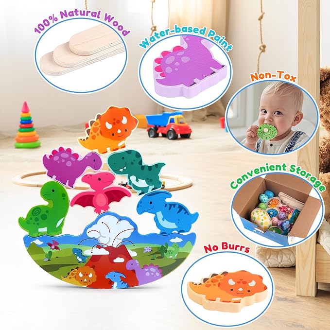 Aliex 4 in 1 Montessori Dinosaur Toys 12+ Months Boys Girls, Wooden Blocks Stacking Balance Toys Stick Color Sorting Egg Puzzles Matching Game,Preschool Education Learning Gift for Toddlers 1 2 3 4