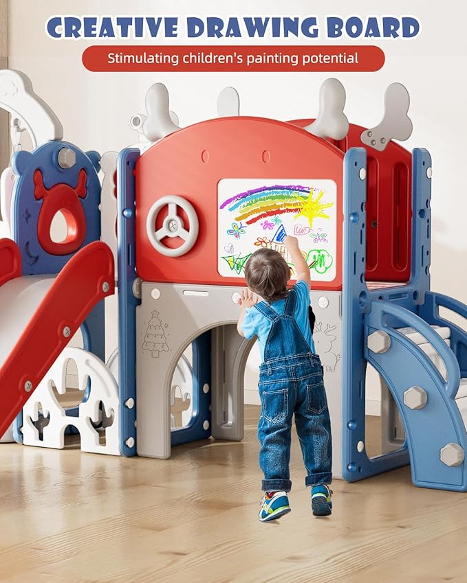 YUFU 13 in 1 Toddler Slide and Swing Set, Kids Slide for Toddlers Age 1-3, Toddler Playset with Golf Set, Basketball Hoop and Drawing Board, Outdoor Indoor Playground (Blue Red)