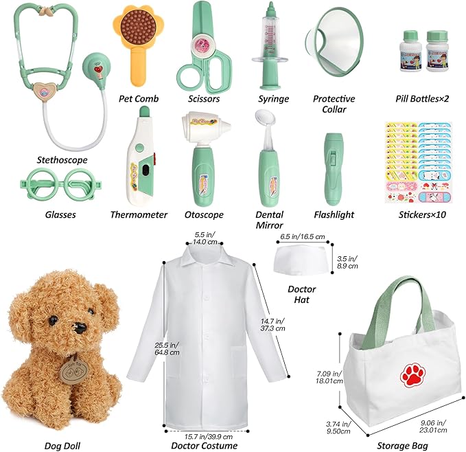 Liberry Doctor Kit for Toddlers 3 4 5 6 Years Old, 26 Pcs Kids Doctor Playset with Dog Toy, Stethoscope and Dress Up Costume, Pretend Play Medical Christmas Gift for Boys Girls (Green)