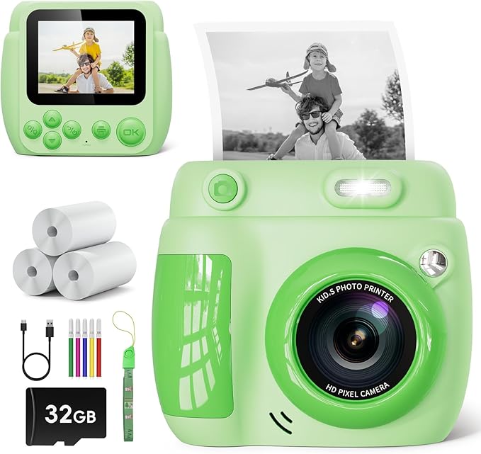 Kids Camera Instant Print - Christmas Birthday Gifts for Girls Boys Age 3-12, 1080P Video Digital Camera with 3 Rolls Printing Paper, Toddler Travel Toy Camera for 4 5 6 7 8 9 10 11 Year Old - Green