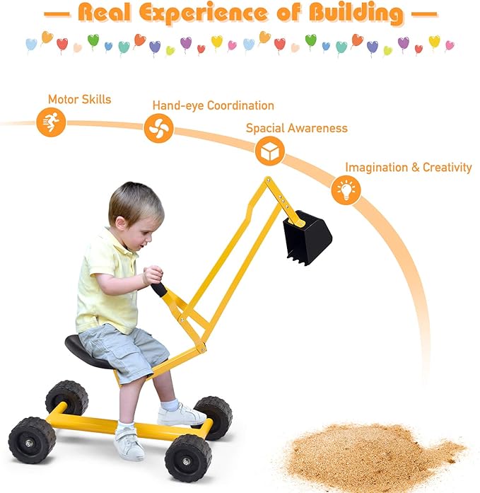 Costzon Kids Ride on Sand Digger with Wheels, Heavy Duty Steel Digging Scooper Excavator Crane with 360° Rotatable Seat for Dirt, Snow, Beach, Outdoor Sandbox Play Toy