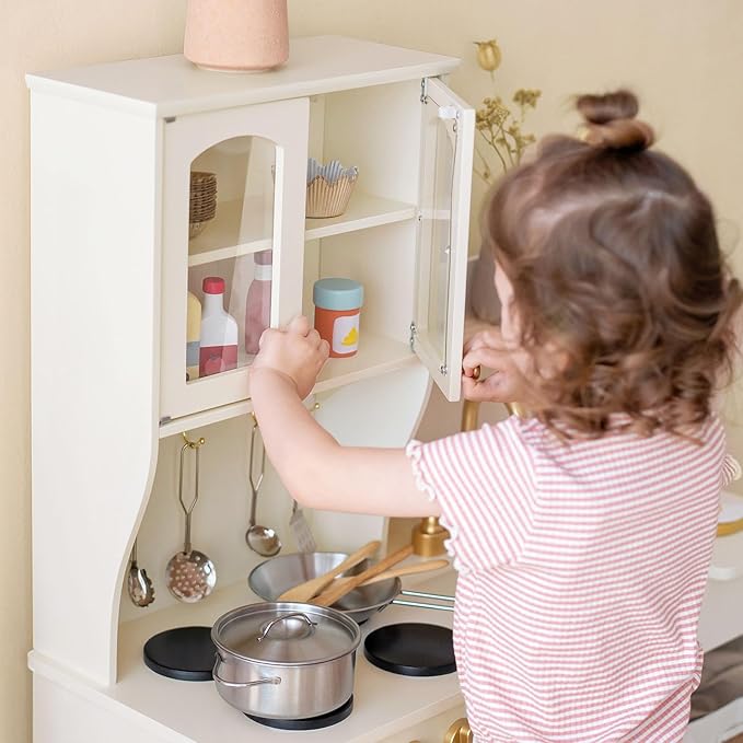 Tiny Land Play Kitchen for Kids with Enhanced Storage – Modern Toddler Kitchen Playset with Stove, Sink & Accessories, Organized Wooden Toy Kitchen, Ideal for Toddlers