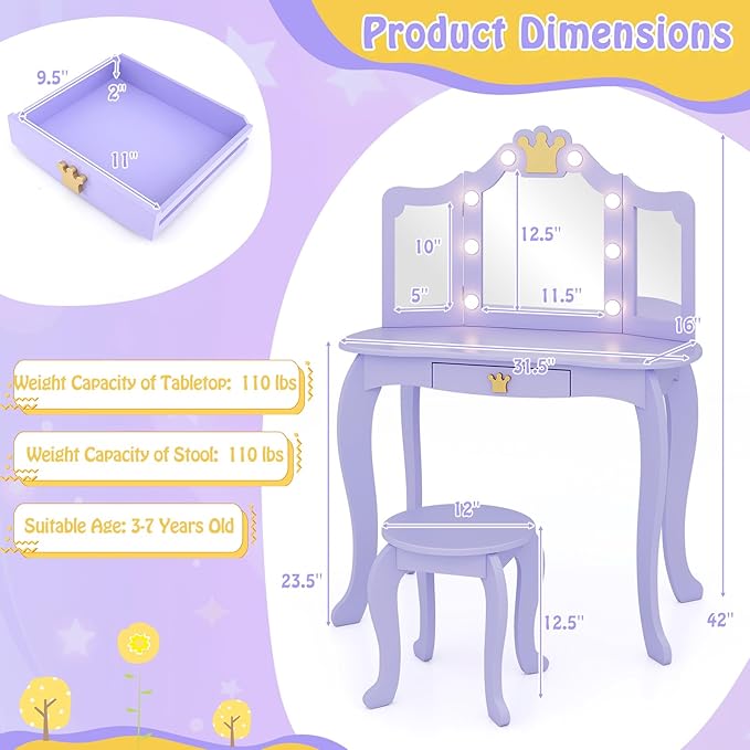 HONEY JOY Kids Vanity with Lights, Crown Girls Vanity Set with Mirror and Stool and Lights, Toddler Vanity, Wooden Makeup Table for Little Girls, Pretend Play Kids Vanity Table and Chair Set(Violet)