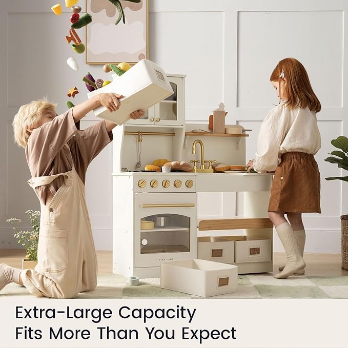 Tiny Land Play Kitchen for Kids with Enhanced Storage – Modern Toddler Kitchen Playset with Stove, Sink & Accessories, Organized Wooden Toy Kitchen, Ideal for Toddlers