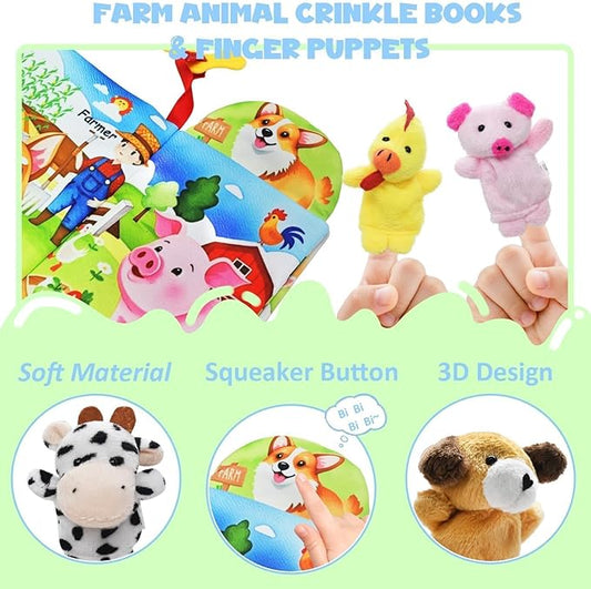 Farm Crinkle Books for Babies with 10 Finger Puppets Set, Touch and Feel Cloth Soft Farm Animal Tail Baby Books 0-6 Months with Teething Toy, Infant Toys 6-12 Months, Baby Christmas Shower Gifts