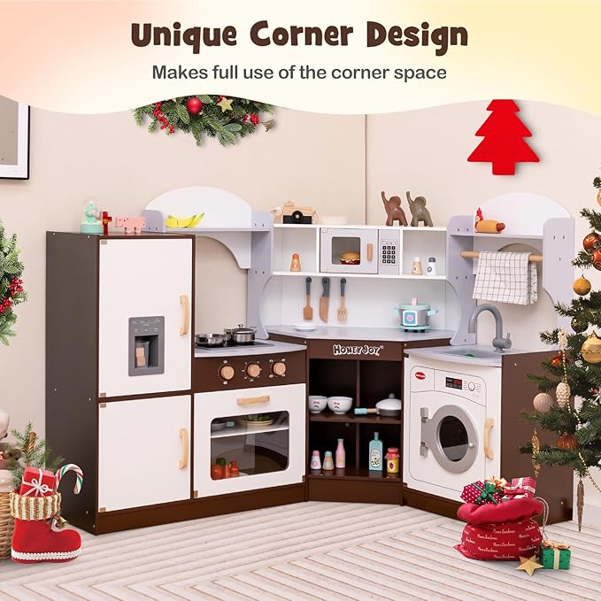 HONEY JOY Corner Kids Kitchen Playset, Ultimate Wooden Play Kitchen for Toddlers, Washing Machine, Ice Maker, Sink, Microwave, Little Chef Pretend Play Toy Kitchen Set, Gift for Boys Girls, Espresso