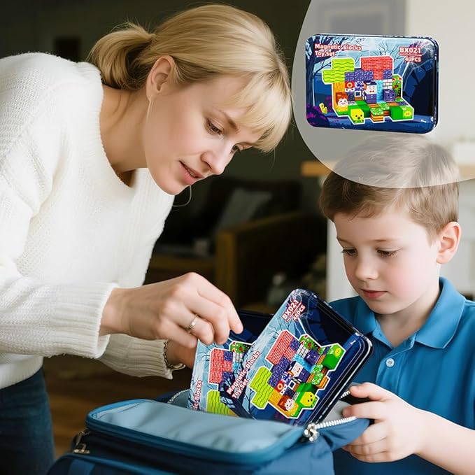 Magnetic Building Blocks, 48 Piece Set with Portable Iron Box, Kids Sensory Toys for STEM Learning, Children's Travel Magnetic Toys, Best Gifts for Boys and Girls' Birthdays and Christmas