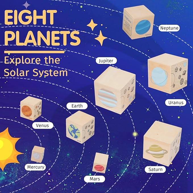 Wooden Eight Planets Nesting Blocks for Kids 3+, Montessori Sorting & Stacking Cube Boxes, Preschool Educational Science Toy Set for Toddlers Boys & Girls―Learning Solar System (8 Pcs)