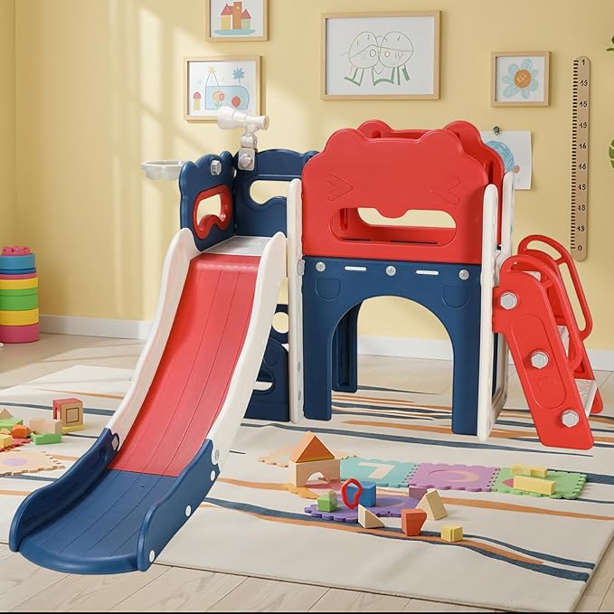 Arlopu 8 in 1 Toddler Slide Playset for Kids, Indoor Outdoor Baby Slide with Basketball Hoop, Telescope & Storage Space, Kids Playground Climber with Enclosed Steps (Red Blue)