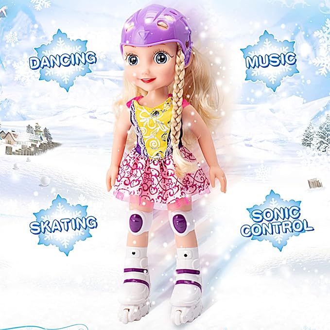 POCO DIVO Skating Princess 14" Dancing Doll Blading Skates Inline Roller Girl Interactive auto Retreat Baby Sonic Control Fashion Dress Blonde Beauty with Music