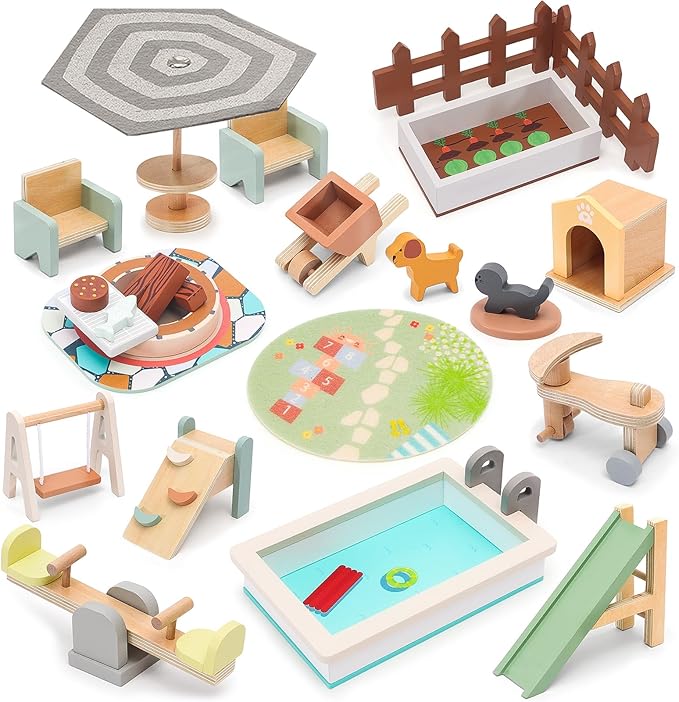 Wooden Doll House Furniture and Accessories Outdoor Play Set for Kids- Includes Slide, Swing, BBQ Grill, Pool & Garden - Perfect Doll House Decor Gift for Children 3-6 Years Birthday Christmas