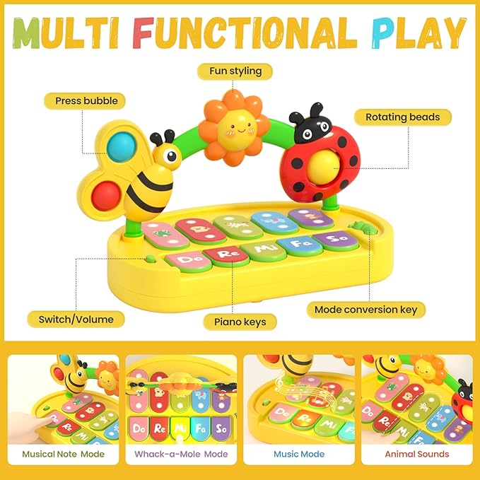 Musical Baby Piano Toy - Multifunctional Interactive Insect Piano Keyboard for 6 9 12 18 Month, STEM Educational Learning Toys for Boys Girls Age 3 4 5 6, Birthday Gift for Toddlers 1-3 Year
