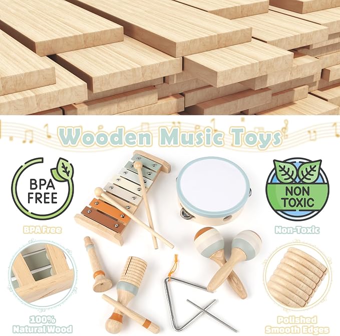 Musical Instruments - 6 in 1 Wooden Musical Toys for 2 3 Year Old Boy & Girls Birthday Gifts, Neutral Colors with Modern Boho Xylophone for Toddler Preschool Educational Toy for Baby 18+ Months
