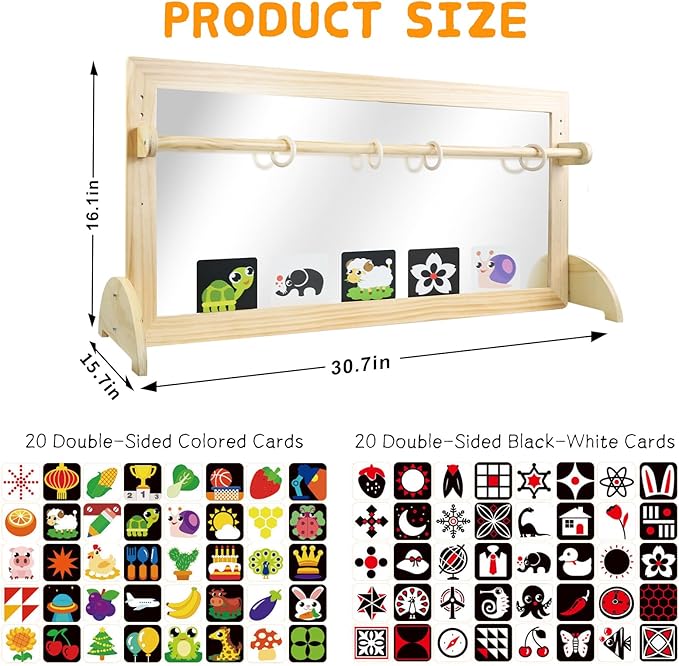 Montessori Mirror with Bar, Adjustable Wood Baby Pull Up Bar, Floor & Wall Shatterproof Safety Infant Coordination Montessori Furniture, for Home, Daycare, or Preschool