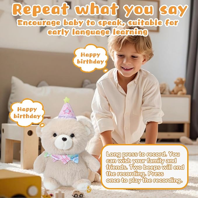 Birthday Interactive Teddy Bear, Musical Birthday Stuffed Animal, Clapping Activates Singing Dancing Shaking, Cute Bear Plush Recording Mimicking Toy Gifts for Kids Girls Boys