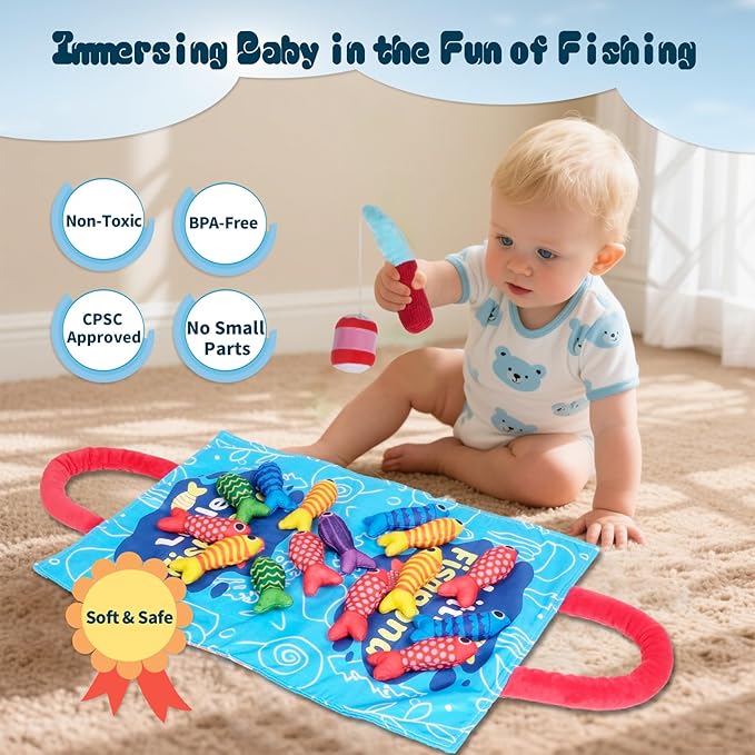 TenFans Montessori Cloth Fishing Game for Toddlers 1-3 Year Old - First Birthday Gift Set with Stacking Cups & Color Sorting - Travel Sensory Toy