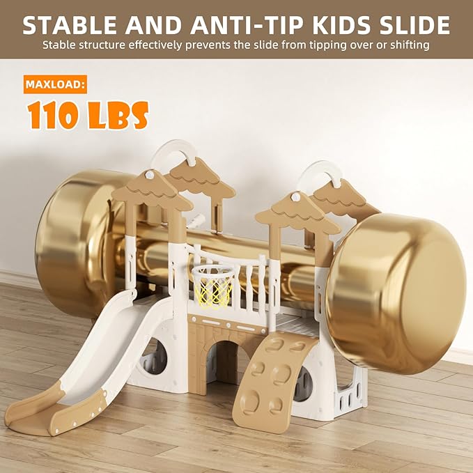 KORIMEFA 9-in-1 Toddler Slide, Kid Slide for Toddlers Age 1-3, Basketball Hoop, and Telescope, Indoor Outdoor Slide Toddler Playset Toddler Playground, Forest Themed Brown, FE-ST-SWW0308