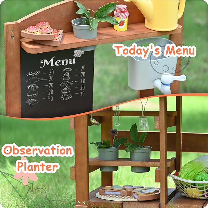 Kids Mud Kitchen Outdoor 23.6in, Wooden Play Kitchen with Sink & Stove, Utensils, Mud Kitchen for Kids Outdoor