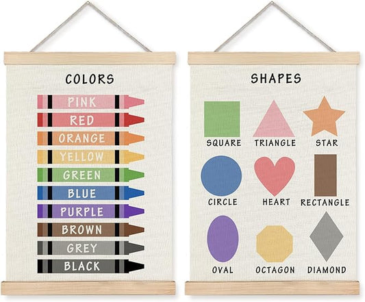 Supwhd Shapes Colors Posters for Classroom Wall, Shapes Colors Learning Poster Hanger Frame Wall Decor for Classroom Nursery Kids Room Playroom Preschool Decor, 12x16 Set of 2