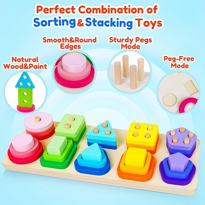 Montessori Toys for 1 2 3 Year Old Boys Girls Birthday Gifts Color Shape Sorters Wooden Stacking Toys for Toddlers 1-3 Puzzles Blocks for Toddlers 2-4 Preschool Learning Educational Sensory Travel Toy