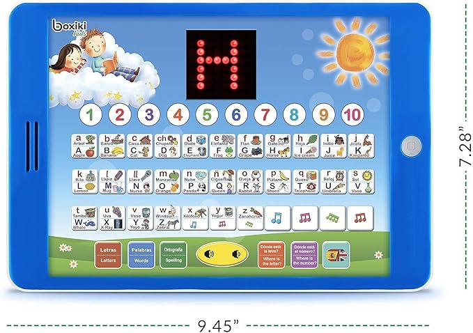 Boxiki kids Spanish-English Learning Bilingual Tablet Educational Toy with LED Screen Display. Learn Spanish and English with ABC Games and Spelling. Kids Love Our Interactive Educational Toys