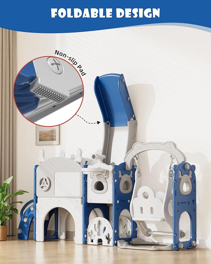 YUFU 13 in 1 Toddler Slide and Swing Set, Kids Slide for Toddlers Age 1-3, Toddler Playset with Golf Set, Basketball Hoop and Drawing Board, Outdoor Indoor Playground (Blue)