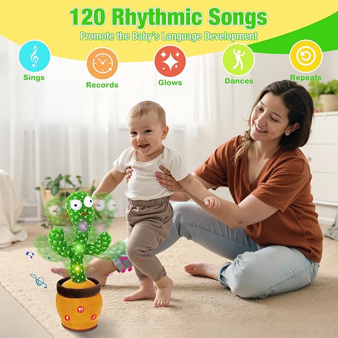 Ayeboovi Baby Toys Dancing Talking Cactus, Volume Adjustable Mimicking Recording Cactus Toy Repeats What You Say, Toddler Toys Singing Cactus with 120 Songs, Tummy Time Toys for Kids Boys Girls