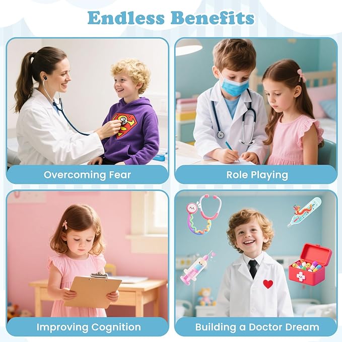 KOTEK Kids Doctor Play Set with 24 PCS Accessories, Wooden Medical Station with Eye Chart, ECG Monitor, X-Ray Film, Pretend Play Hospital Center for Toddlers, Toy Doctor Kit for Girls Boys (Blue)