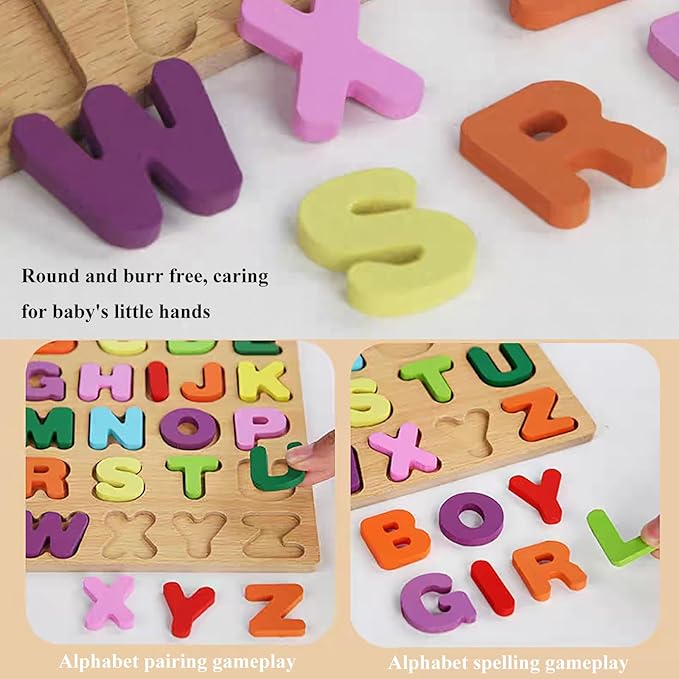 Wooden Puzzles for Toddlers, 2pack Alphabet Shape Puzzles for Kids Wooden Montessori Toddler Wooden Alphabet Number Shape for Kids 3 Years Old Boys & Girls