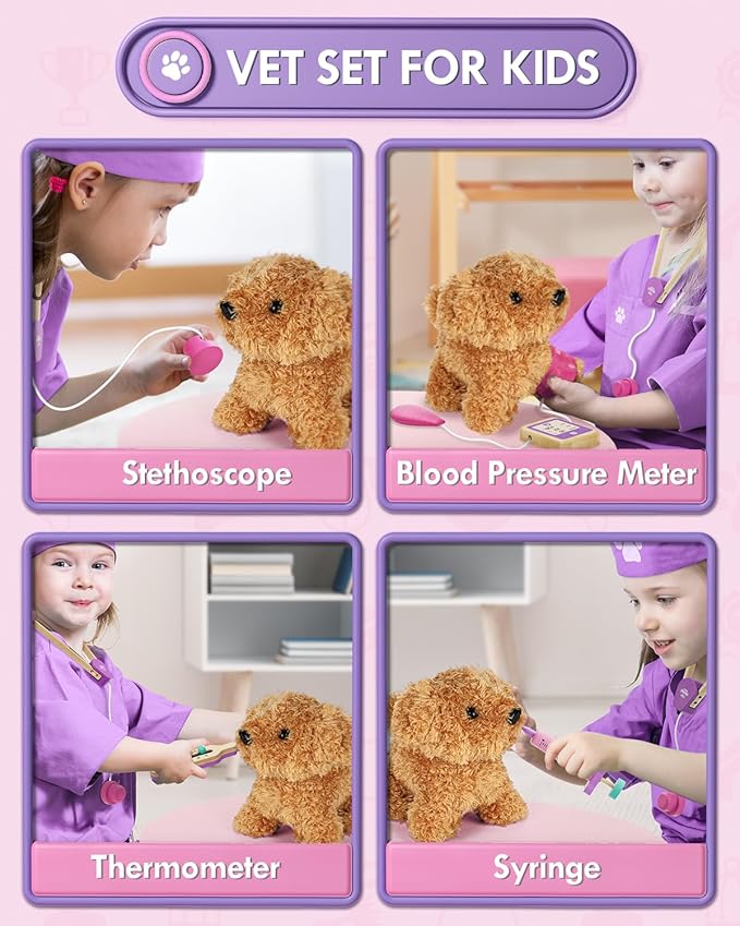 Lehoo Castle Toys for 3 4 Years Old Girls, Vet Play Sets, Wooden Doctor Kit for Toddlers 3-5 Pink, Pretend Play Dr Kits with Puppy, Dog Bag, Medical Accessories