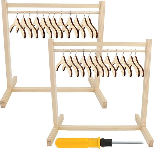 26 Pcs Wood Doll Garment Rack with Wooden Clothes Hanger Mini Wooden Girl Doll Clothes Hanger Organizer Storage Shelf for 18 Inch Girl Doll Clothes Baby Dollhouse (Color Set 1)
