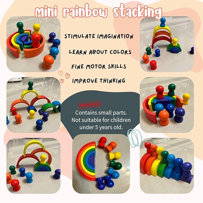 OPPA Colorful Plastic Egg Shakers 6 PCS and Rainbow Stacking Toy, Hand Percussion Musical Shaker, Wooden Rainbow Stacker Nesting Blocks, Educational Toy for Toddlers Baby Preschool Kids