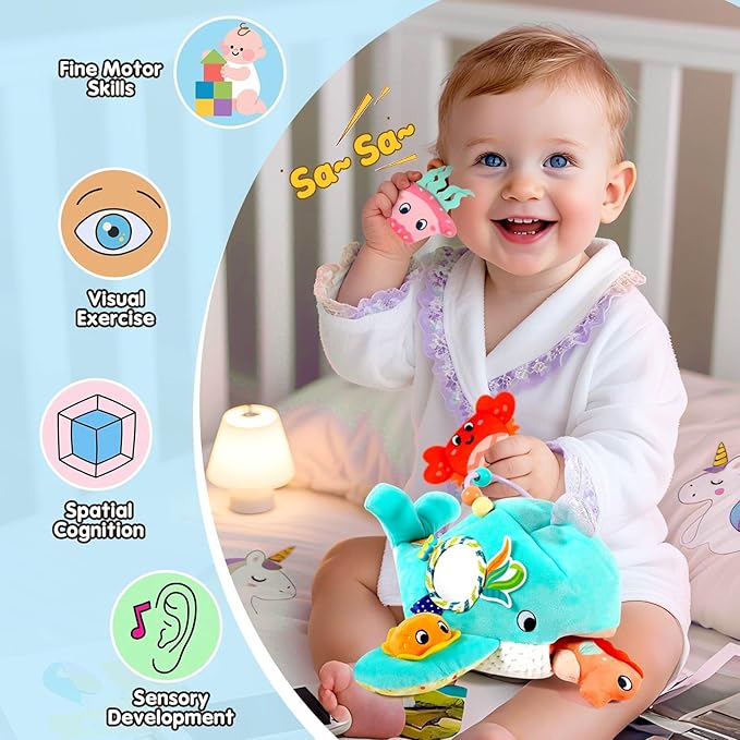 FREYBLI Baby Toys 6-12 Months - Soft Ocean Adventure Toy with Rattle, Crinkle Paper, Squeaker, Mirror - Baby Sensory Montessori Toys for 6 Month Old Developmental, 1 Year Old Boy Girl Gifts Toys