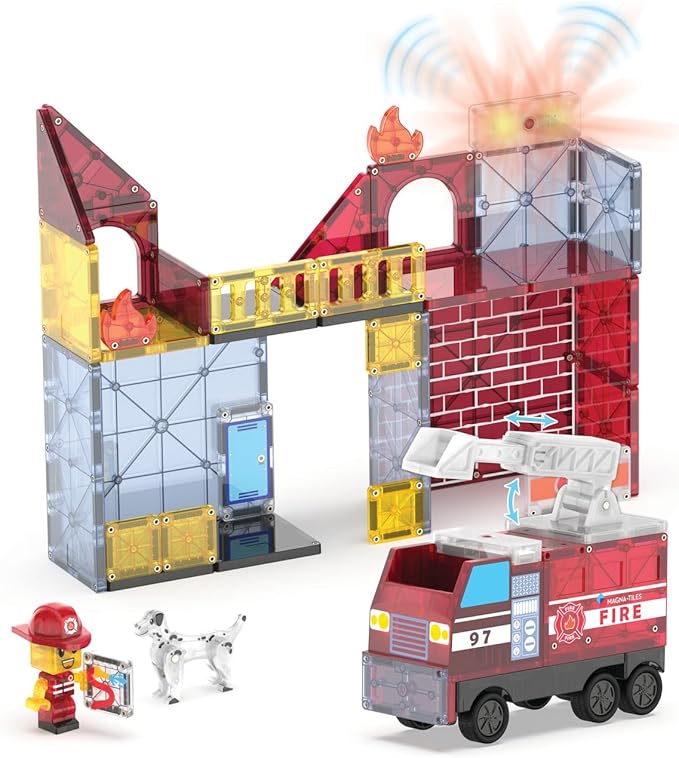 MAGNA-TILES Fire Station 50-Piece Magnetic Construction Set, The Original Magnetic Building Brand