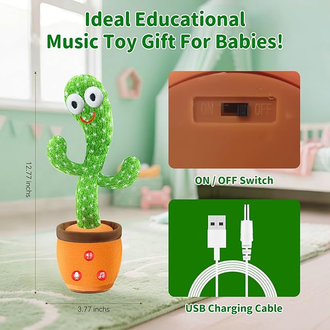 Rechargeable Dancing Talking Cactus Toy with Adjustable Volume, Interactive Cactus Baby Toys for Toddler, Boys Girls Gifts Singing Mimicking Recording Repeating What You Say with 120 English Songs