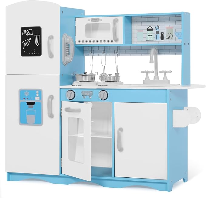 Kinder King Wooden Kids Play Kitchen, Toy Kitchen Playset for Toddler, Pretend Oven, Microwave, Telephone, Chalkboard, Interactive Doors, Knobs, Realistic Kitchen Sets for Boys Girls Age 3+, Blue