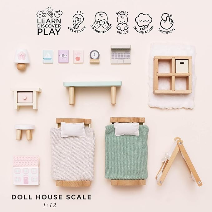 Le Toy Van - SugarPlum Wooden Bedroom Set | Dolls House Accessories Play Set For Dolls Houses | Girls and Boys Doll House Furniture Sets - Suitable For Ages 3+, Daisylane Child Bedroom (ME061)