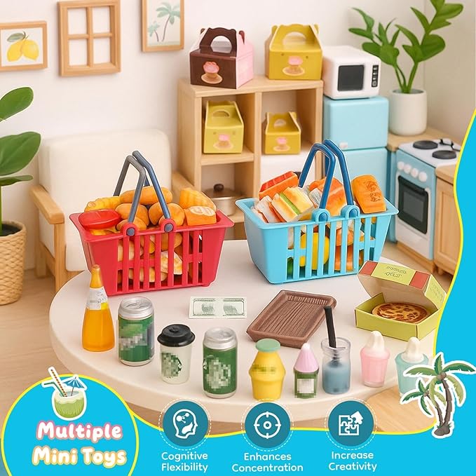 196Pcs Mini Shopping Cart Basket Trolley Grocery Game Model Miniature Drink Bottle Food Pizza with Box Supermarket Metal Handcart Toy Doll House Store Cosplay Pretend Kitchen Shelf Cash Register