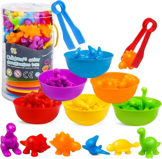 USATDD Counting Dinosaur Toys Matching Color Sorting Stacking Games with Bowls Preschool Learning Activities for Educational Sensory Montessori STEM Toy Sets Gift for Toddlers Kids Boys Girls Aged 3+
