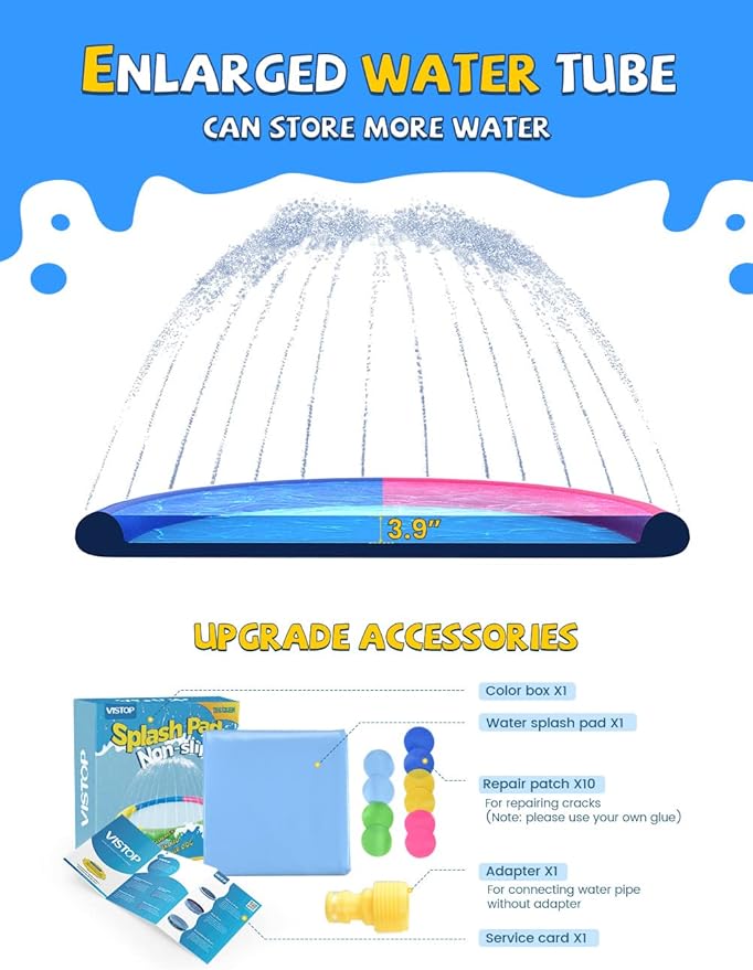 VISTOP Non-Slip Splash Pad for Kids, Thicken Sprinkler Pool Summer Outdoor Water Toys - Fun Backyard Fountain Play Mat for Baby Girls Boys Children or Pet Dog (77 inch, Red&Yellow&Green&Blue)