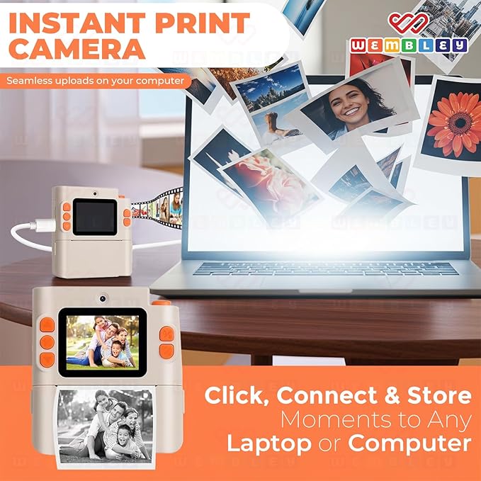 Wembley Kids Instant Print Camera with Dual Lens, 48MP, 1080P HD, 2.4" IPS Screen, 16X Zoom, 32GB SD Card, Thermal Printing, 6 Pens, 4 Rolls, USB Type-C, for Girls & Boys- Cream