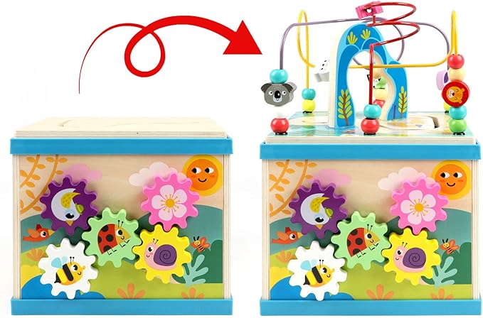 Qilay Wooden Activity Cube for Toddlers, 5 in 1 Multipurpose ABC-123 Abacus Early Educational Montessori Toys, Learning Toys for 3 Year Old | Bead Maze, Great for Boys Girls