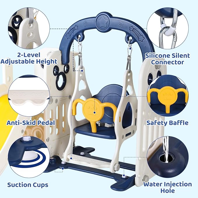 Arlopu 7 in 1 Toddler Slide and Swing Set, Kids Climber Playset with Ball & Hoop, Telescope, Suction Cup Reinforced Base, Baby Indoor Outdoor Playground (Dark Blue)