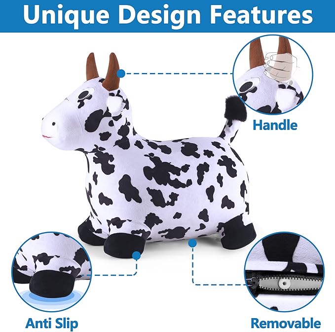iPlay, iLearn Bouncy Pals Hopping Cow Horse, Toddler Girl Boy Inflatable Bouncing Animal Hopper Toy, Outdoor Indoor Plush Ride on Bouncer, Baby Birthday Gift 18 Month 2 3 4 Year Old Kid - Cow