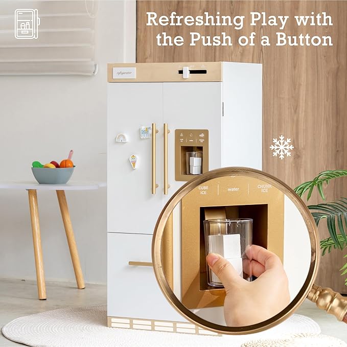 Wooden Play Kitchen Fridge – Interactive Ice Maker, Double Door Storage & Creative Fridge Magnets, Pretend Play Refrigerator for Boys & Girls 3+