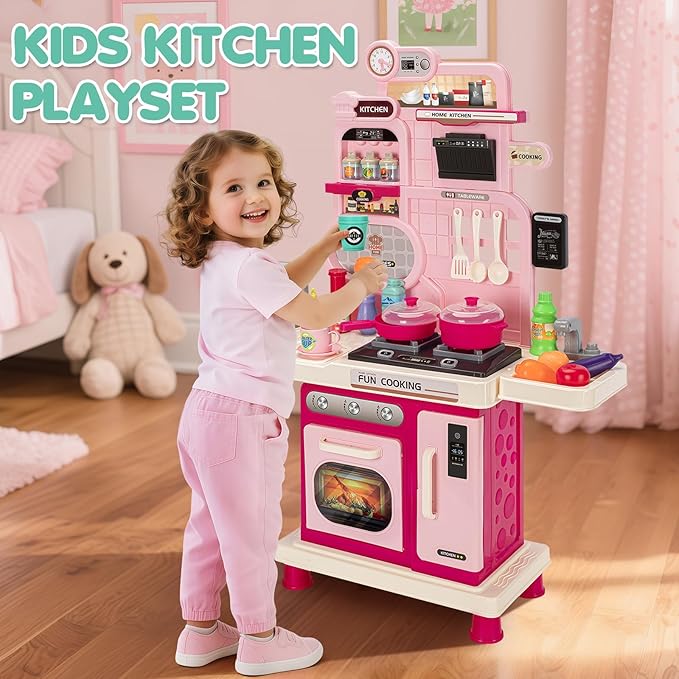 Kids Play Kitchen Set, Toddler Kitchen Playset with Light & Sound, Cooking Stove, Play Sink, Coffee Maker, Play Food Toy and Kitchen Accessories, Kitchen Toy for Kids Girls Boys - Pink