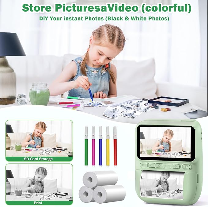 Kids Camera Instant Print | Birthday Graduation Gifts for Kids Age 3 4 5 6 7 8 9 | Toddler Portable Travel Print Digital Camera Outdoor Toy for 3-12 Boys Girls (Green)