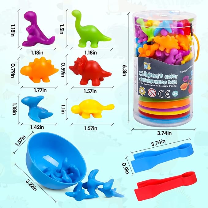 USATDD Counting Dinosaur Toys Matching Color Sorting Stacking Games with Bowls Preschool Learning Activities for Educational Sensory Montessori STEM Toy Sets Gift for Toddlers Kids Boys Girls Aged 3+
