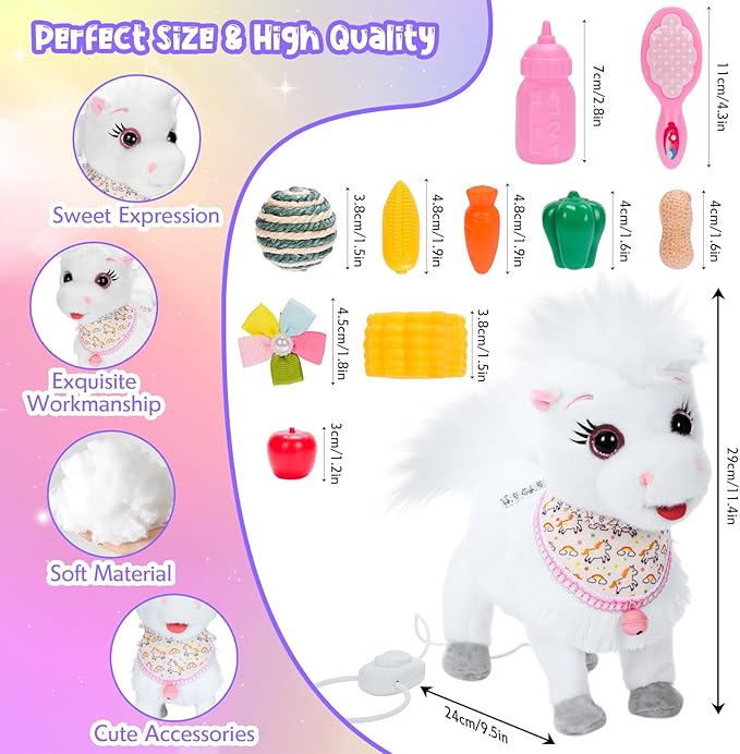 White Walking Singing Pony Set Talking Musical Dancing Pony with Leash, Electric Plush Pretend Play Horse Toy for Girl Kid, Nod Lick Wag Repeat What You Say, Farm Animal Horse Pony Boy